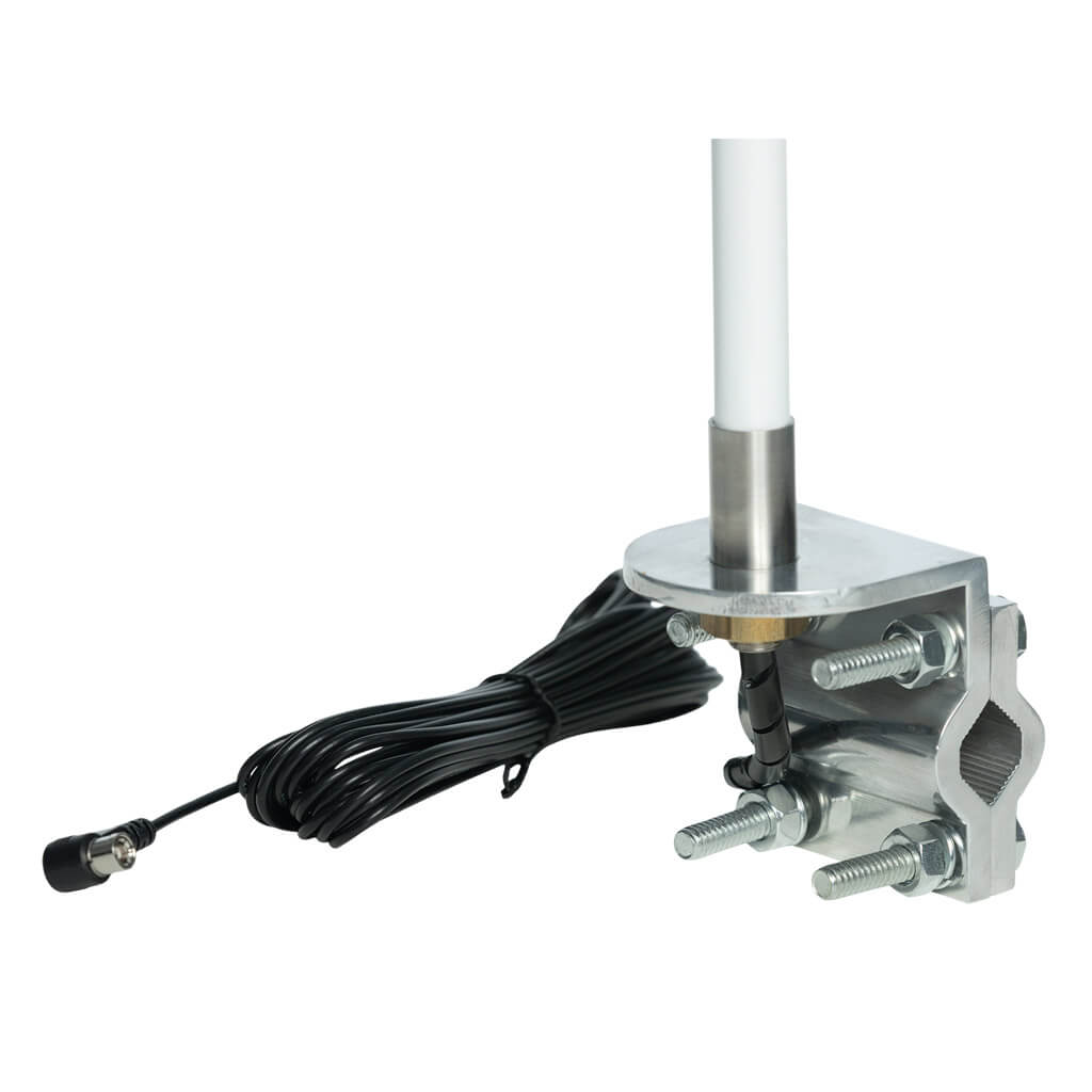 White truck antenna on mounting bracket