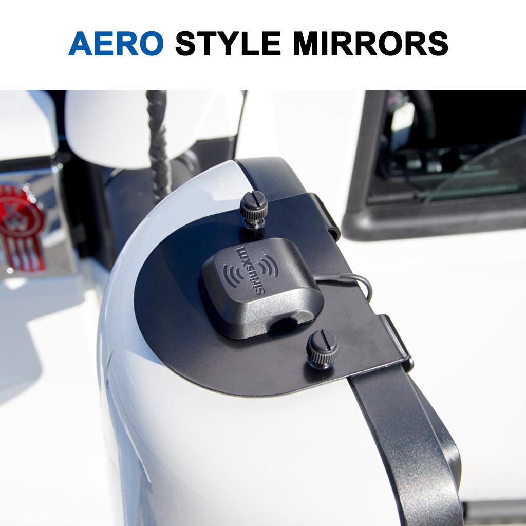 A close-up of a black AERO Style Mirrors mirror adjustment device mounted on a white boat mirror with a black strap, under the text 'AERO STYLE MIRRORS'.