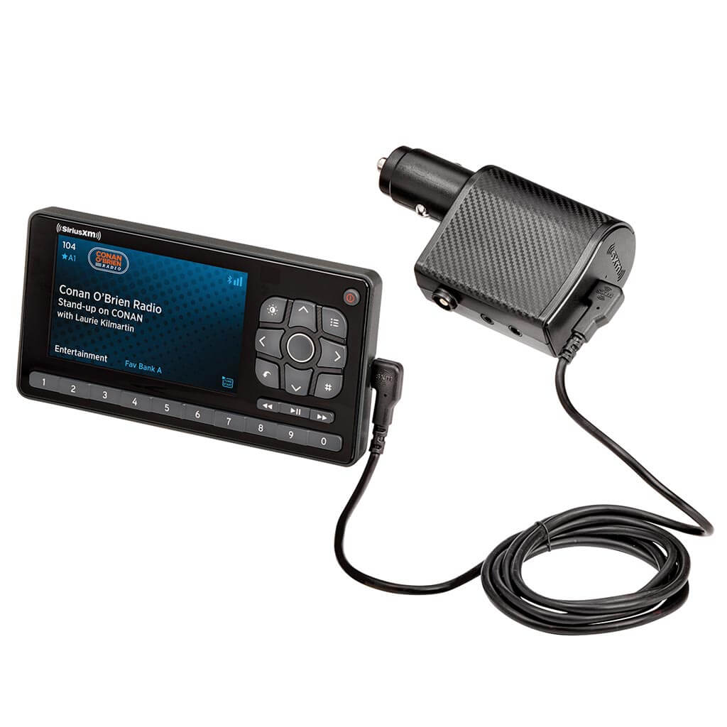 Road Dog BT Display with Power Adapter showing Conan O' Brian Radio on screen