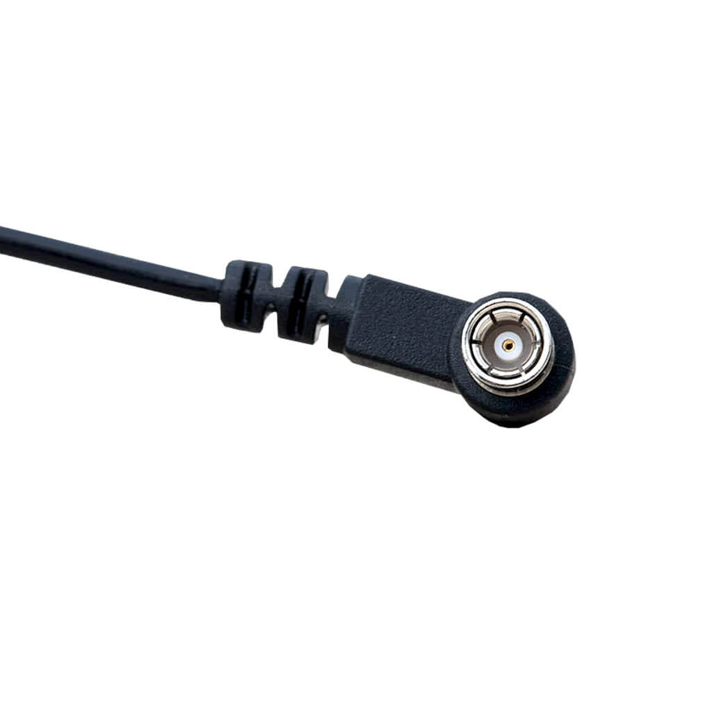 A close-up of a black angled cable connector with a silver and gold center pin, shown on a plain white background.